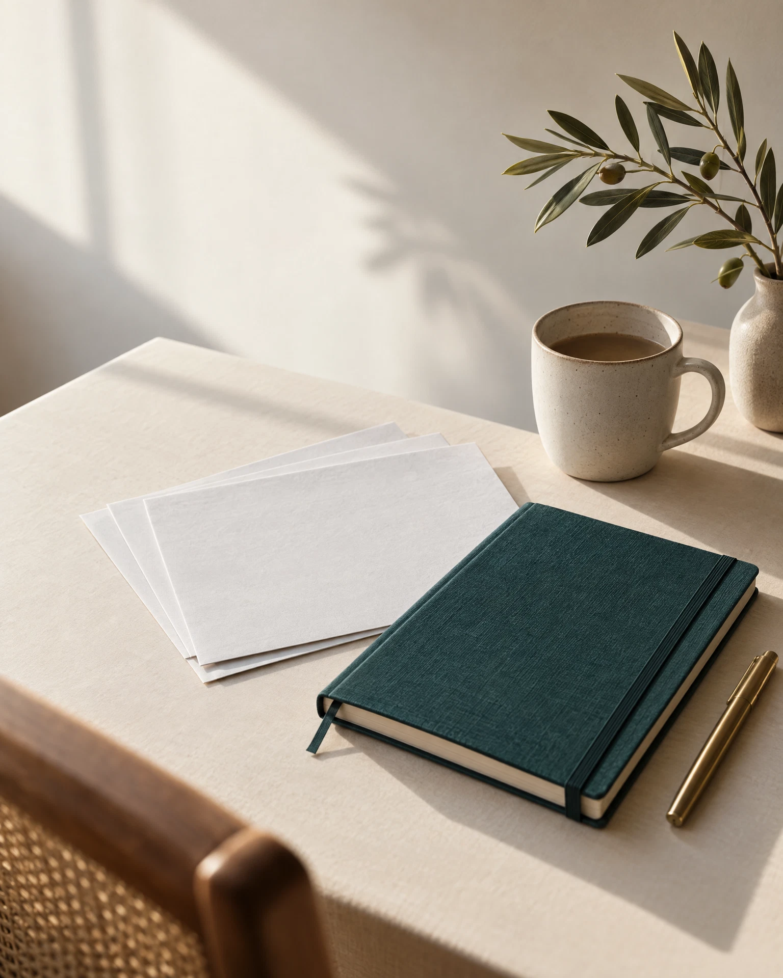 Ruhig arrangierter Schreibtisch mit Unterlagen, Notizbuch und Tasse